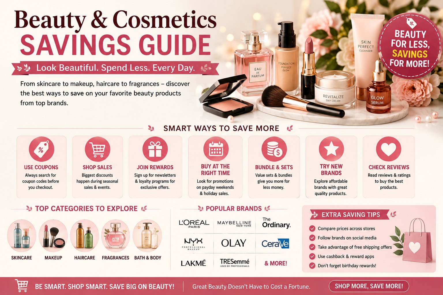 Beauty and cosmetics savings guide showing skincare, makeup and fragrance products with money-saving tips