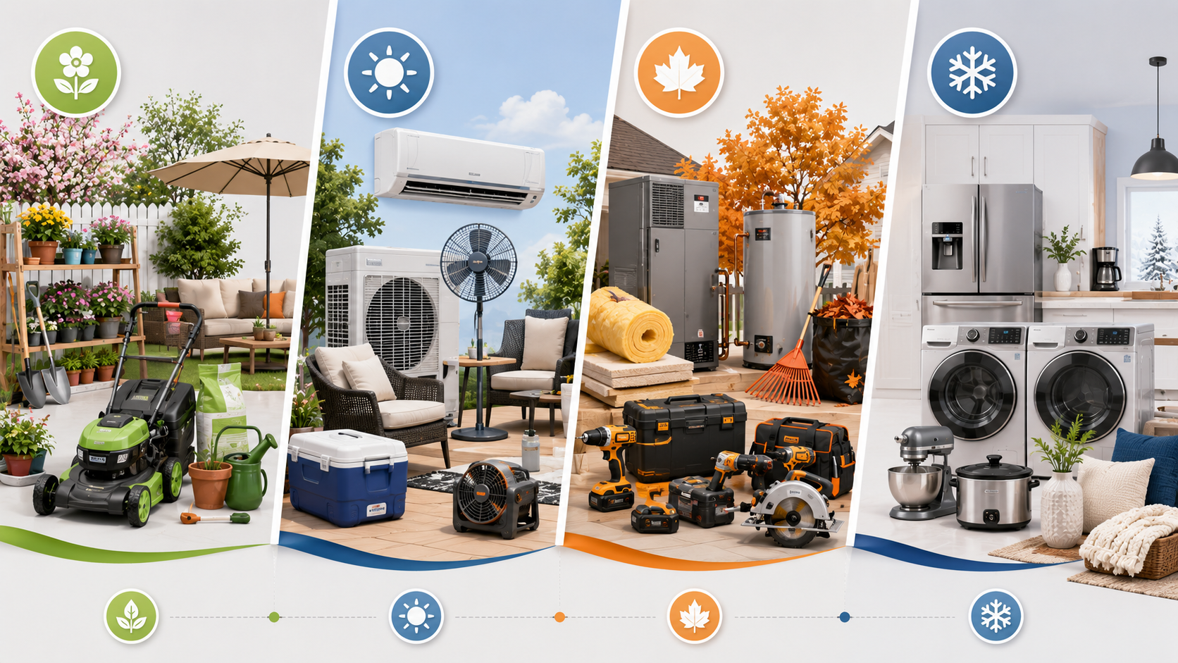 Home Depot seasonal sales infographic with spring, summer, fall, and winter home improvement deals.