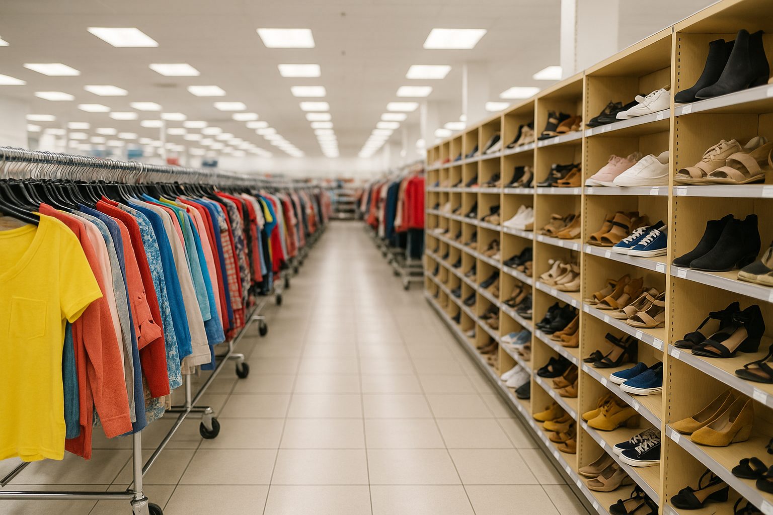 Racks of discounted apparel in an off-price store aisle