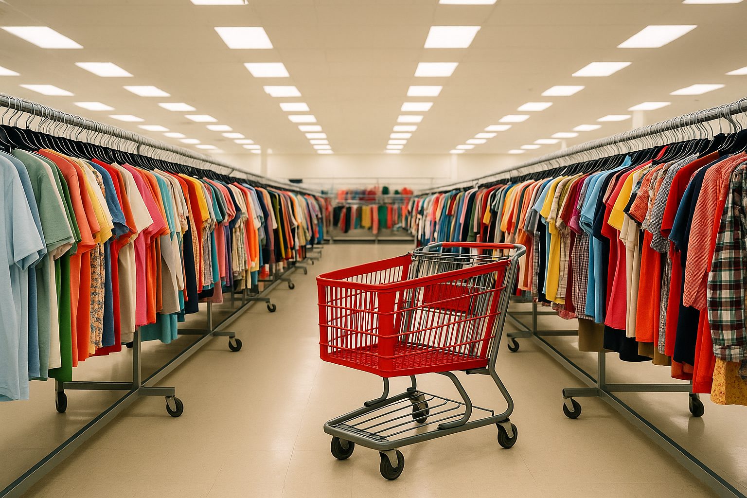 Full clothing racks in a bright off-price retail store